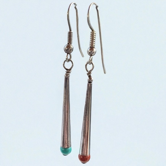 Signed Carolyn Pollack Silver Cone Shaped Drop Earrings w Turquoise and Coral - Picture 3 of 7